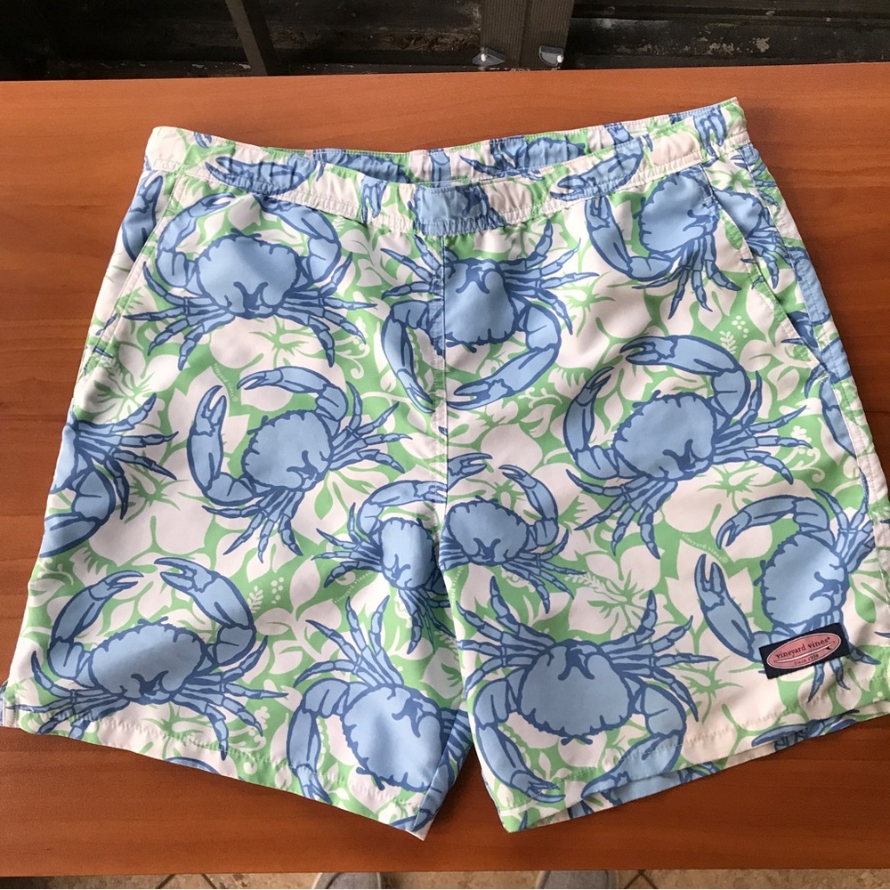 Vineyard Vines Mens Blue Crabs Chappy Lightweight Swim Trunks Size M Lined Green